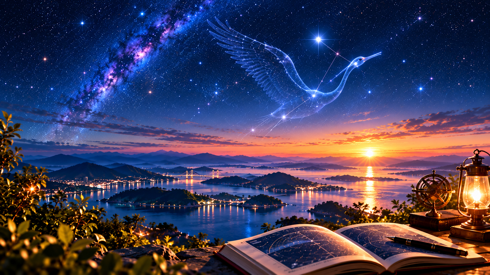 星空に輝く星と、つる座を思わせる細い光の線