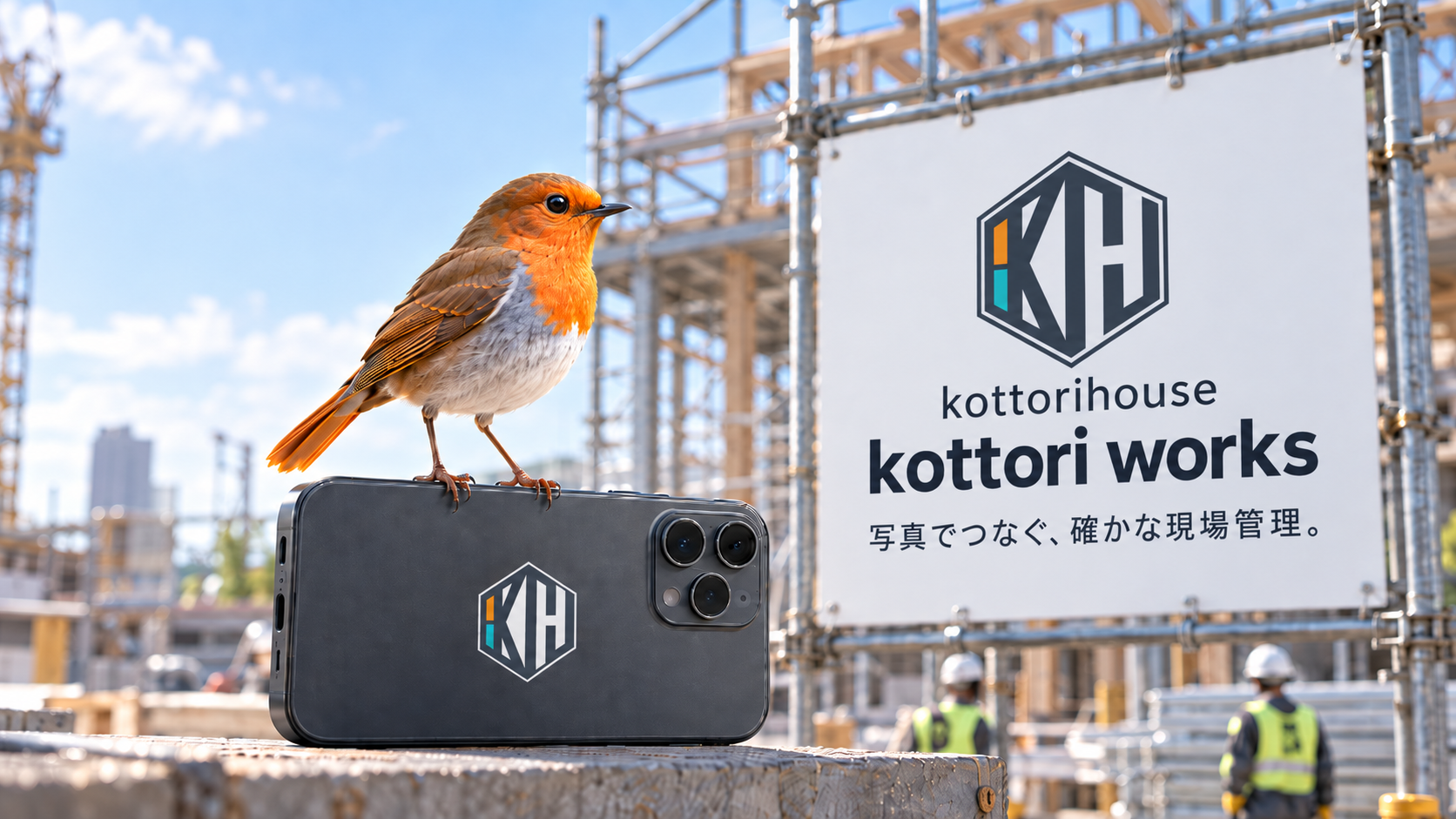 建設現場でスマートフォンの上に立つRobinlukeとkottori worksのブランドビジュアル