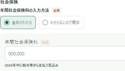 STEP1の社会保険料欄。全額がわかる方法を選び、年間900,000円とした部分の拡大。