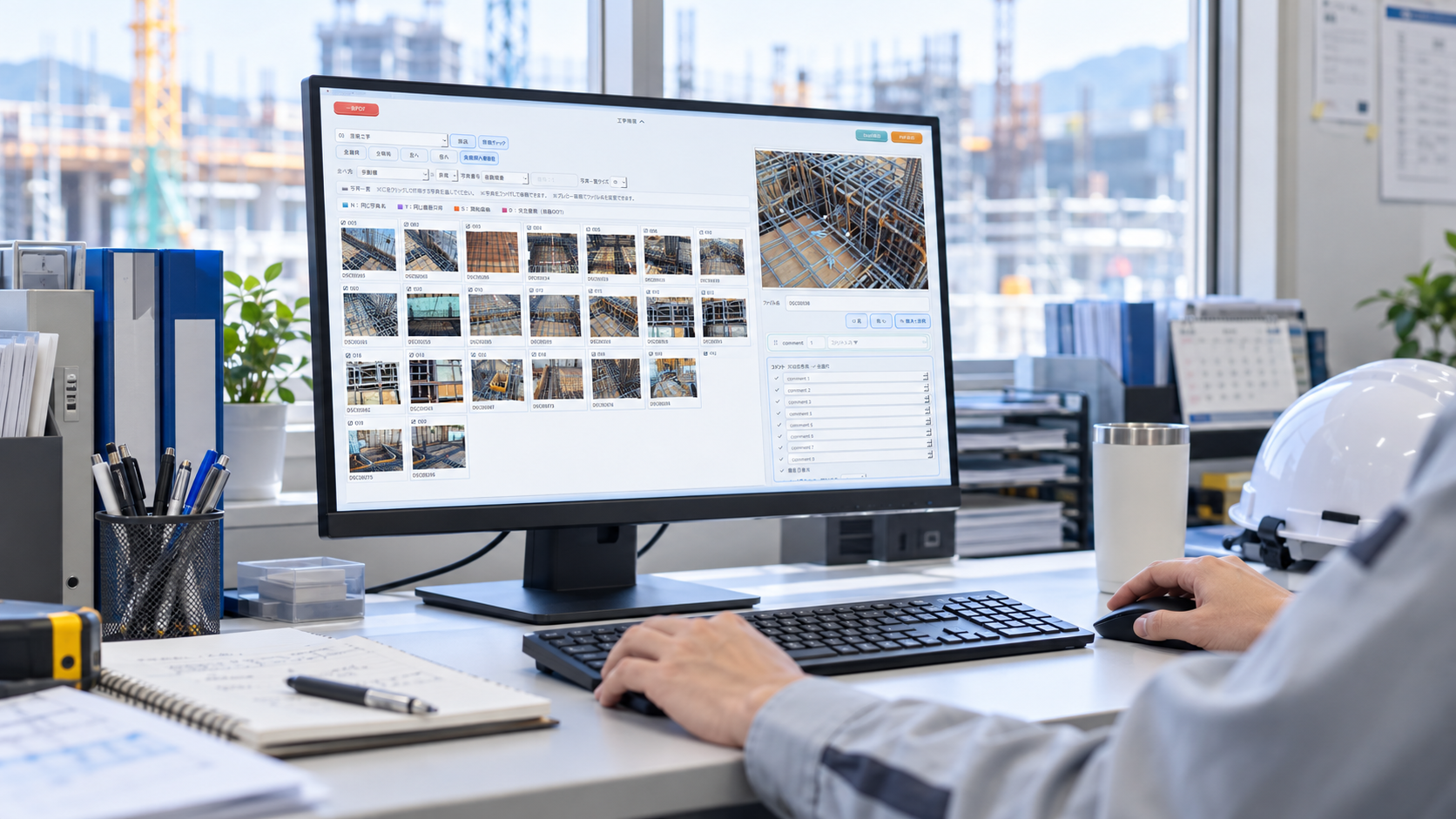 工事写真を整理するデスクワーク